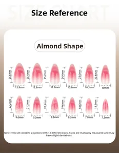 Guide des tailles pour 24 faux ongles amande avec 12 dimensions de longueur et de largeur