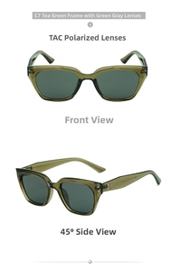 Detail view of tea green polarized TAC lenses on stylish oversized square sunglasses