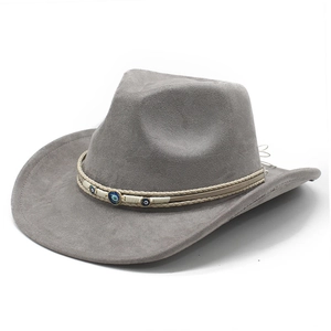 Classic dark grey faux suede cowboy hat with ethnic evil eye beaded band decoration