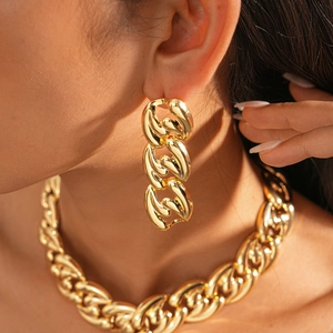 Close-up of golden bold chain necklace and earring set on model with polished finish