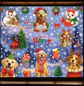 Detail of Christmas window clings featuring festive dogs, snowflakes, and holiday patterns