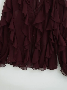Women's V-neck dark wine red chiffon blouse with elegant layered ruffle trim