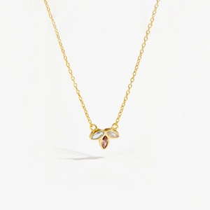 S925 silver necklace featuring three-color leaf pendant with pink and white gemstones