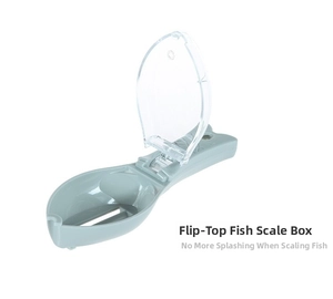 Detail view of the gray-blue fish scaler tool with scale storage container and clear lid