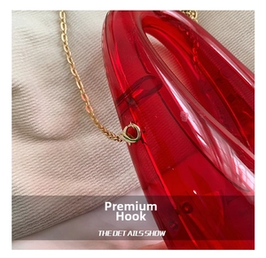 Macro view of gold chain attachment on high-quality red transparent acrylic clutch