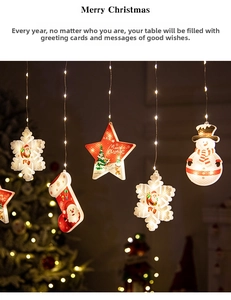 Close-up of LED Christmas light string with snowflake, star, and snowman pendant shapes