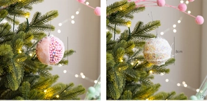 Detail of 8cm pink plush and white fiber Christmas balls with decorative beads