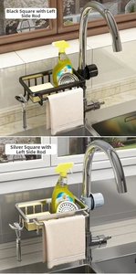 Detail of black and silver faucet drying rack showing hollow storage basket and towel bar