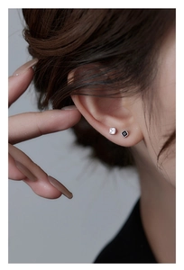 Detailed view of mini square S925 silver stud earrings with black and white zircon