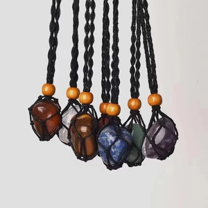 Handmade Woven Mesh Stone Holder Necklace Adjustable Cord With Wood Bead For Crystal Raw Gemstone Pendant