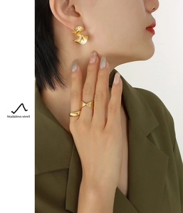 Close-up of gold stainless steel fan-textured earrings and matching ring set on model