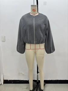 Detailed close-up of gray cropped bomber jacket with puff sleeves and silver metal zipper