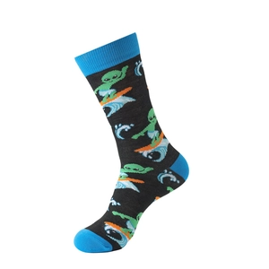 Detail of cotton crew socks featuring blue alien pattern and contrast ribbed cuff