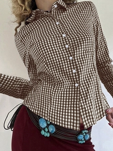 Women's Y2K brown and white plaid long sleeve shirt with classic lapel and button closure