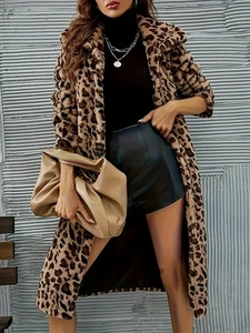 Manteau long imprimé léopard en fausse fourrure pour femme avec revers et coupe décontractée