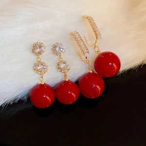 Vintage Red Faux Artificial Pearl Dangle Earrings Copper With Zirconia And Silver Earring Post Elegant Holiday Jewelry For Women