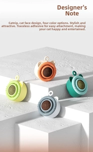 Wall-mounted rotating catnip ball toys in four colors on a modern display stand