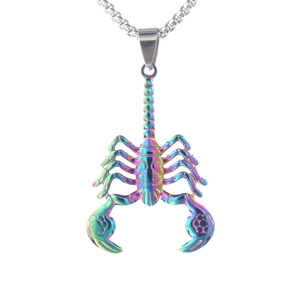 Iridescent stainless steel scorpion pendant necklace with a colorful rainbow metallic finish