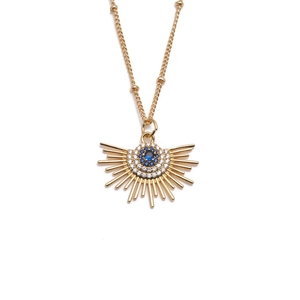 Gold plated copper sun pendant necklace with blue gemstone and sparkling zircon crystals