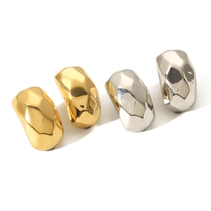 Irregular faceted stainless steel hoop earrings in gold and silver finish set