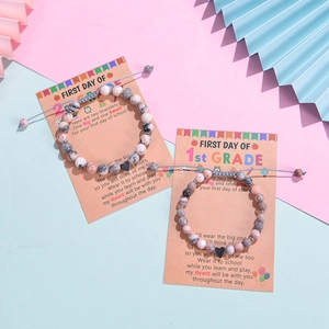 Pink zebra stone bracelet set with black heart charm and Back to School poem card