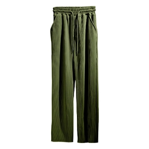 Detail view of olive green wide-leg trousers featuring vertical pleated texture and drawstring