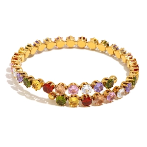 18K gold plated stainless steel spiral bangle with colorful zircon gemstones in prong setting