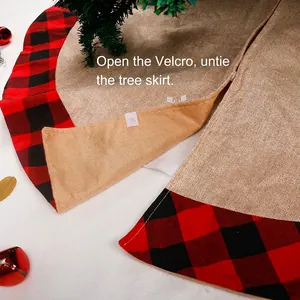 Rustic burlap Christmas tree skirt with red buffalo plaid trim and velcro closure