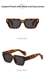 Front and side views of tortoiseshell rectangle sunglasses with dark grey UV lenses