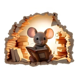 3D cartoon wall sticker featuring a cute mouse reading books in a cozy nook for home decor