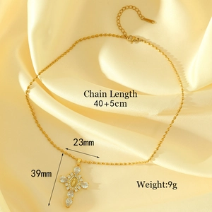 Zircon-encrusted Virgin Mary cross pendant necklace with a gold beaded chain for women