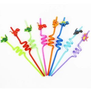 Colorful spiral dinosaur straws for kids' parties made of flexible plastic and silicone
