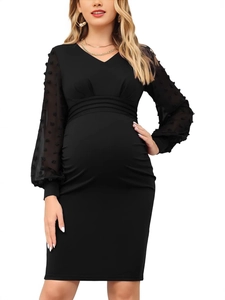 Vestito Da Maternità Scollo A V Maniche In Rete A Pois Trasparente Aderente Elegante Nero Per Donne In Gravidanza