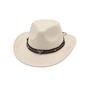 Western style wide brim beige cowboy hat with leather band and bull skull ornament
