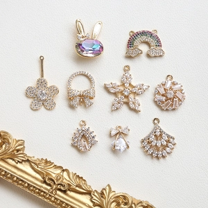 Golden bunny and rainbow pendants with colorful zircons for DIY jewelry making