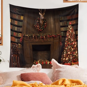 Detailed Christmas tree tapestry hanging above bed showing cozy vintage interior decor