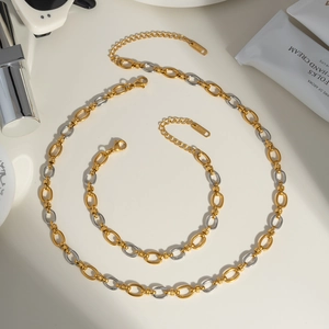 Détail d'un ensemble collier et bracelet en acier inoxydable bicolore or et argent