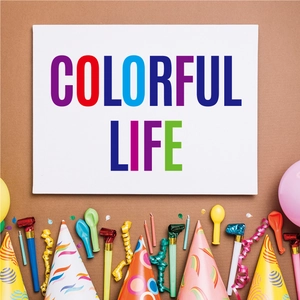 Flat lay of colorful party kit with balloons, hats, and candles on a brown background