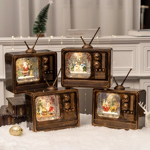Vintage TV Christmas Snow Globe Music Box Light Up Swirling Glitter Antique Bronze Holiday Desktop Decor Gift