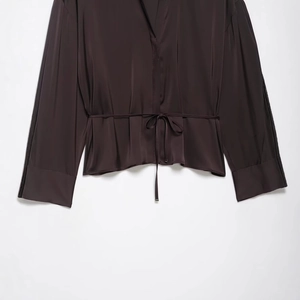 Elegant deep brown long sleeve satin blouse with adjustable waist tie and smooth texture