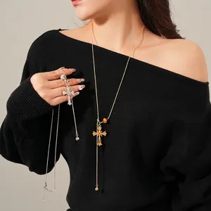 Cross Pendant Necklace Copper Tiger Eye Stone Rhinestone Long Y-Shape Sweater Chain Vintage Gothic Women Jewelry
