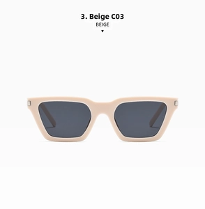 Detailed view of square beige frame sunglasses with dark grey UV protected lenses