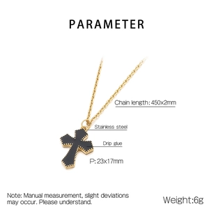 Detailed size chart of gold stainless steel cross necklace with black resin inlay pendant