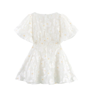 White floral puff sleeve V-neck mini dress with 3D flower jacquard and open back view