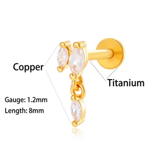Gold labret stud with vertical marquise zirconia and F136 titanium flat back post