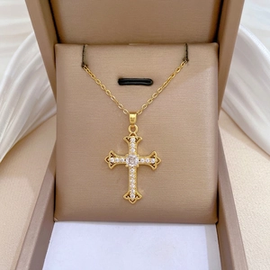 Cross Pendant Necklace Stainless Steel Copper Cubic Zirconia Studded Elegant Jewelry Gift