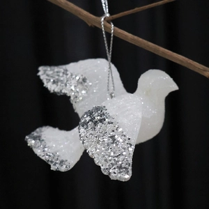 Sparkling silver glitter white dove Christmas tree hanging ornament with silver string