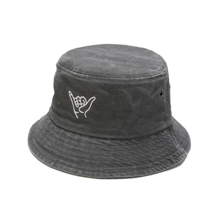 Foldable dark grey bucket hat with shaka embroidery and breathable metal eyelets