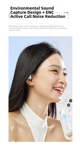 Detail of silver ear-clip OWS headphone with ENC noise reduction on a model