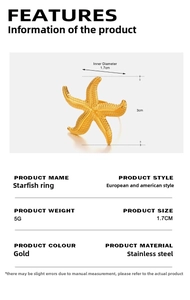 Golden stainless steel starfish open ring size details and product dimensions guide